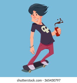 cartoon character on skateboard with bank of soda, hipster, vector illustration