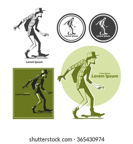 cartoon character on skateboard, silhouette for logo, hipster, vector illustration, design elements and templates