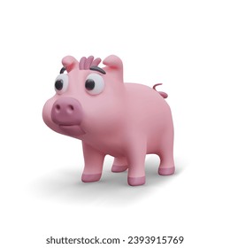 Cartoon character on white background. Cute baby pink pig. Happy young pig standing. Funny animals emotions. Domestic farm concept. Vector illustration in 3D style