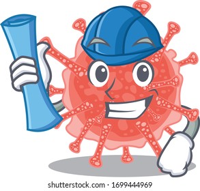 Cartoon character of oncovirus brainy Architect with blue prints and blue helmet