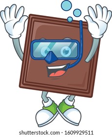 cartoon character of one bite chocolate bar wearing Diving glasses