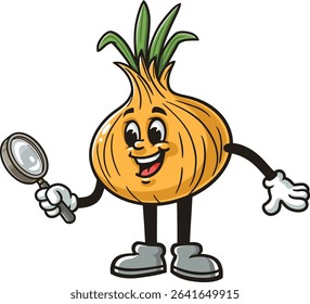 Cartoon character onion holding a magnifying glass