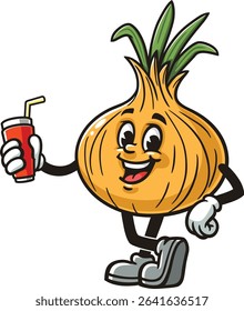 Cartoon character onion holding a soft drink