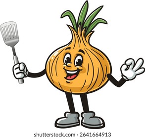 Cartoon character of onion holding a spatula