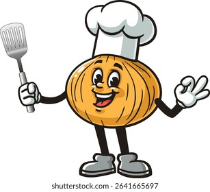 Cartoon character of onion holding a spatula and wearing a chef's hat
