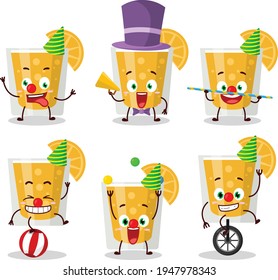 Cartoon character of orange juice with various circus shows