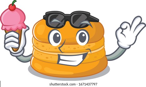 cartoon character of orange macaron holding an ice cream