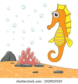 Cartoon character orange Sea Horse isolated on sea landscape. Marine underwater world with plants on sand and colorful fish. Template of cute tropical aquatic creature. Vector design in cartoon style