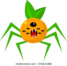 Cartoon character orange spider angry mutant with sharp fangs open mouth object on a white background.