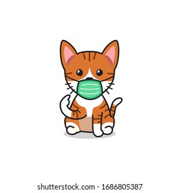 Cartoon character orange tabby cat wearing protective face mask for design.