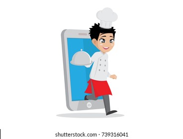 Cartoon character, Order food through smartphone., vector eps10