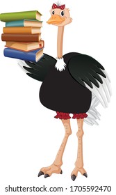 Cartoon Character of Ostrich  Holding Books on One hand. Education Concept.