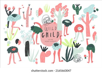 Cartoon character ostrich, plant, tree, leaf, handwritten quote wild child. Vector doodle style illustrations objects set