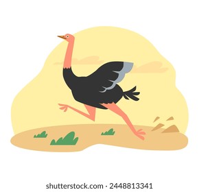Cartoon character Ostrich running across the desert sands. Bright yellow shades enliven this vector design in a flat style, perfect for icons, logos and humorous wildlife themes