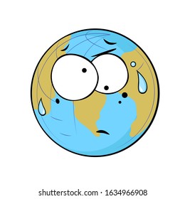 Cartoon character of our tired and sad planet Earth. A conceptual illustration about ecological problems our time. 