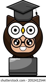 cartoon character character owl animal mascot costume wearing graduation hat and laptop