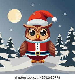 Cartoon Character of Owl Wearing Santa Hat on Full Moon Winter Landscape Background for Merry Christmas Festival.