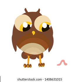 Cartoon character owl with worm, card, vector illustration.