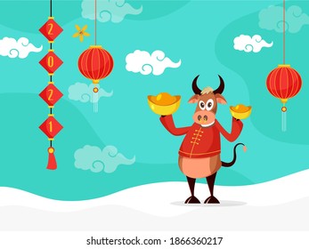Cartoon Character Of Ox Holding Ingots With 2021 Number, Lanterns Hang On Turquoise And White Background.