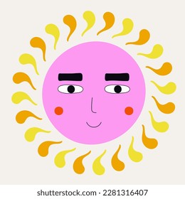 Cartoon character, painted small sun. Vector sticker, abstract spring sun optimistic. Funny mascot, facial expression, cute icon. Isolated on white
