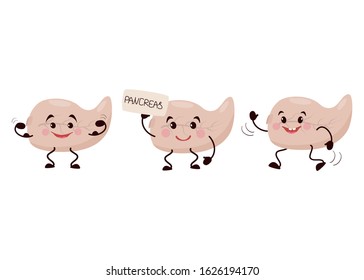Cartoon character of the pancreas. Cute human internal organ is joyful, happy, goes in for sports, cartoon, animation. Vector illustration