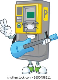 A cartoon character of parking ticket machine playing a guitar