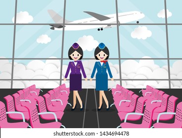 Cartoon character with passenger room in airport terminal and beautiful air hostess, Flat vector illustration.