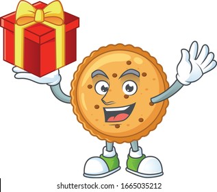 cartoon character of peanut butter cookies with a box of gift