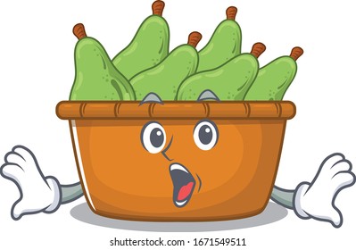 A cartoon character of pear fruit box making a surprised gesture