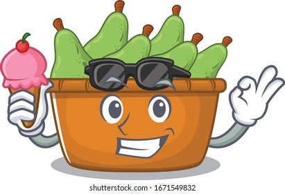 cartoon character of pear fruit box holding an ice cream