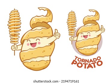 Cartoon character of peeled potato holding tornado potato snack