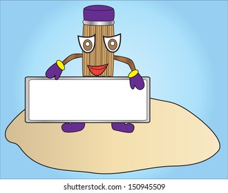 cartoon character pencil with a poster under the text