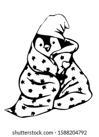 Cartoon character penguin vector icon wrapped in a blanket