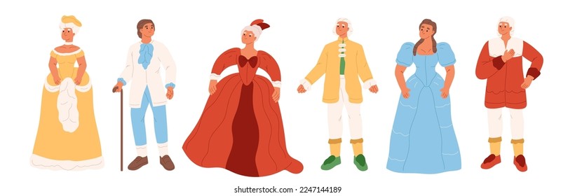 Personajes de caricatura con disfraces de vestimenta del siglo XVIII. Noblewoman y hombres con ropa de moda retro aislados de fondo blanco. Estilo barroco y renacentista. Dibujo vectorial plano de dibujos animados