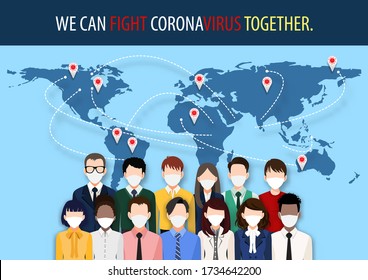 Cartoon character with people around the world wearing face masks standing fighting for Corona-virus, Covid-19 on world map. Corona virus disease awareness vector.