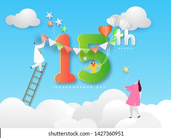 Cartoon character of people decorating "15th" text with bunting for Happy Independence Day Celebration. Creative paper cut style design.