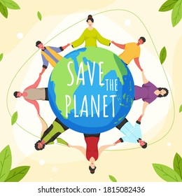 Cartoon Character of People Holding Hands Around The World and Green Leaves for Save The Planet Concept.