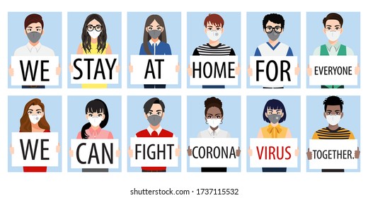 Cartoon character with people holding showing posters avoid Coronavirus and Covid-19 spreading by staying at home and fighting together. Coronavirus disease awareness vector