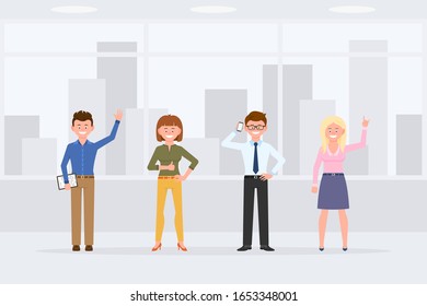 Cartoon Character People Standing Front View In Business Office Interior Vector Illustration. Men And Women Coworkers Waving, Thumbs Up, Talking On Phone, Smiling 