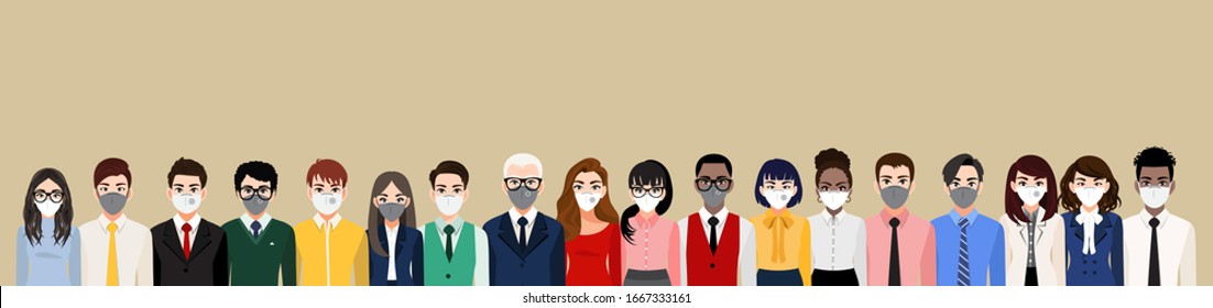 Cartoon Character With People Wearing Face Masks Or Medical Masks, Air Pollution, Contaminated Air, World Pollution, Prevent Disease, Flu, Gas Mask, Corona Virus. Flat Vector Illustration