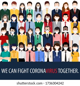 Cartoon character with people wearing face masks standing fighting for Corona virus, Covid-19 pandemic. Corona virus disease awareness vector