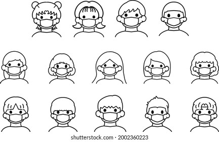 Caricatura con personas que llevan máscaras faciales o máscaras médicas, contaminación del aire, contaminación del aire, del mundo, prevención de enfermedades, gripe, máscara de gas, virus de Corona. Ilustración vectorial plana