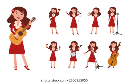 Cartoon character performing various musical activities in vibrant red dress