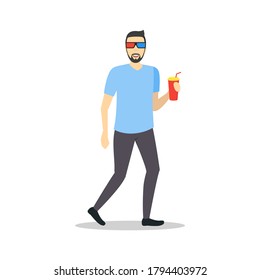 Cartoon Character Person and Beverage In Cinema Theatre Concept Flat Design Style. Vector illustration