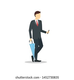 Cartoon Character Person Businessman Holding Color Umbrella Concept Element Flat Design Style. Vector illustration of Seasonal Symbol