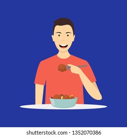 Cartoon Character Person Eating Meal on a Blue Concept Element Flat Design Style. Vector illustration