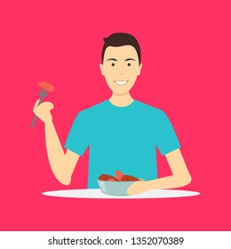 Cartoon Character Person Eating Meat Sausages Concept Element Flat Design Style. Vector illustration
