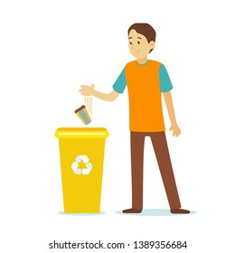 Cartoon Character Person Man Throwing Trash into Bin Sorting Garbage Waste and Ecology Protection Concept. Vector illustration