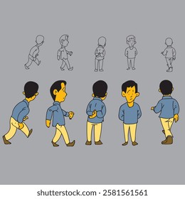 Cartoon character of a person from several angles