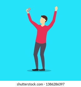 Cartoon Character Person Take Selfie Concept Photography Scene Element Flat Design Style. Vector illustration of Happy Boy